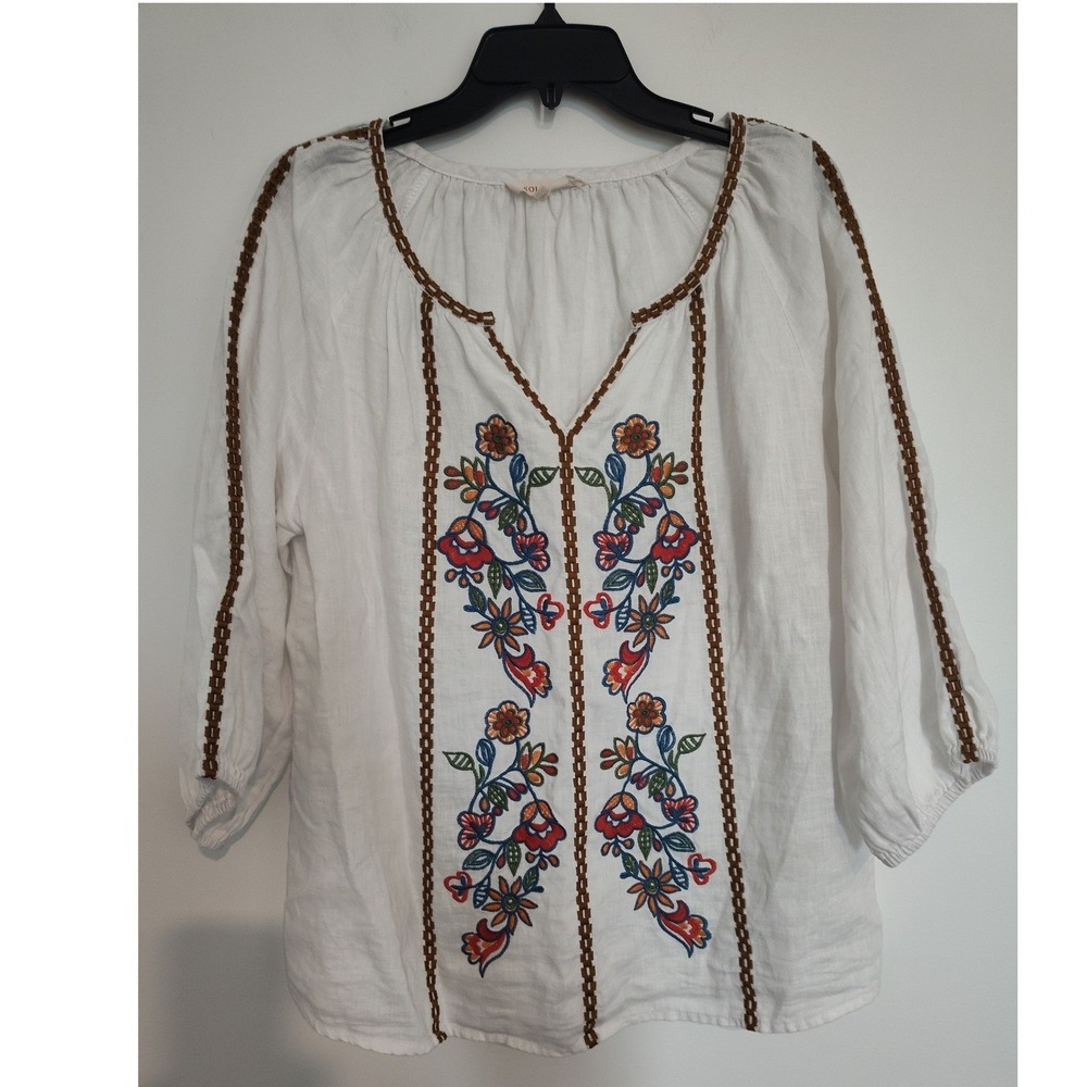 Solitaire White 100% Linen Floral Embroidered Peasant Blouse Top Large 22-1095 - Picture 1 of 4